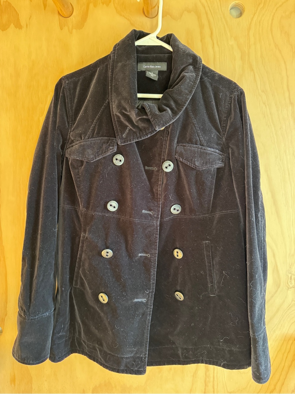 Calvin Klein Jeans Women's Double-Breasted Velvet Pea Coat in Dark Blue